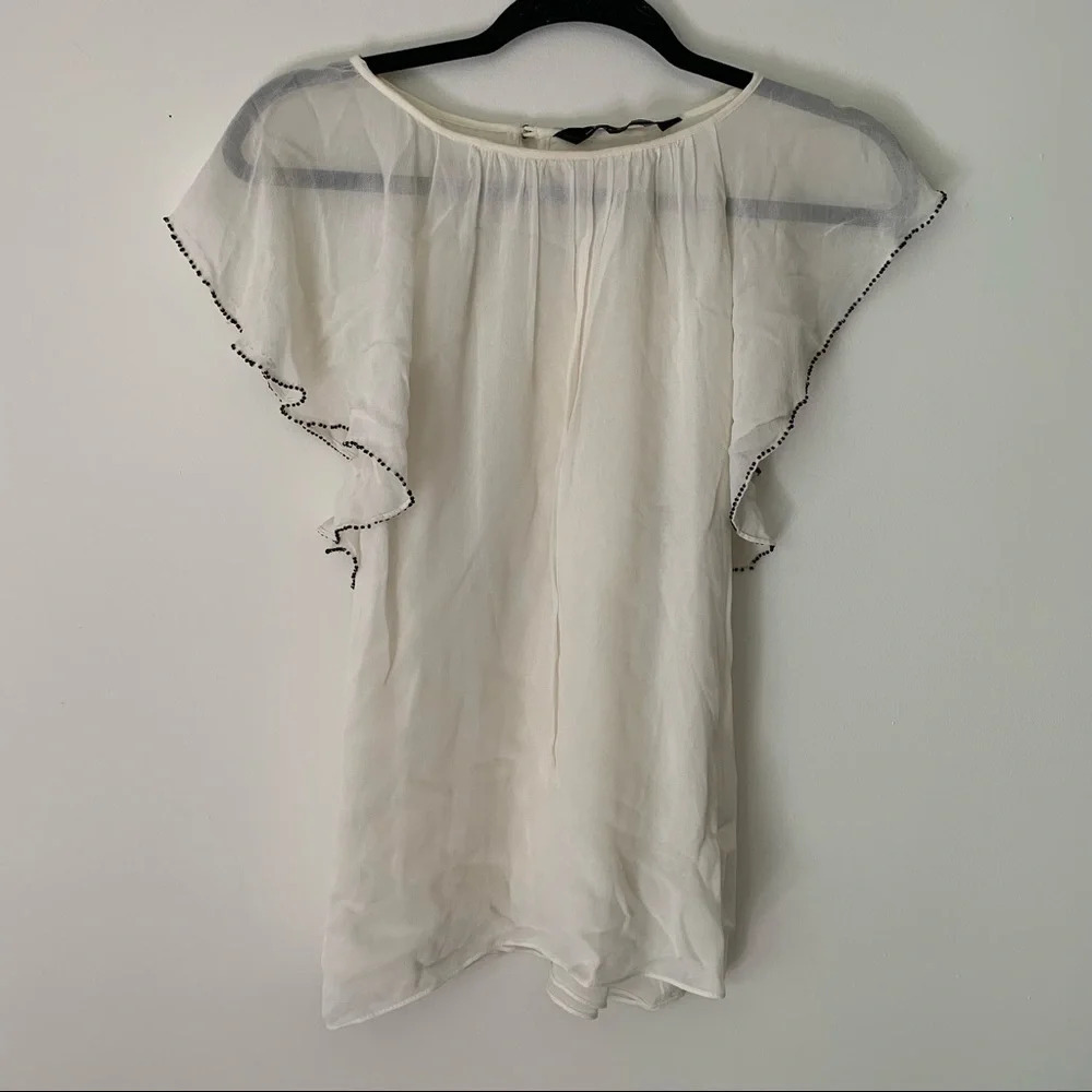 Zara cream beaded flutter sleeve blouse size Small